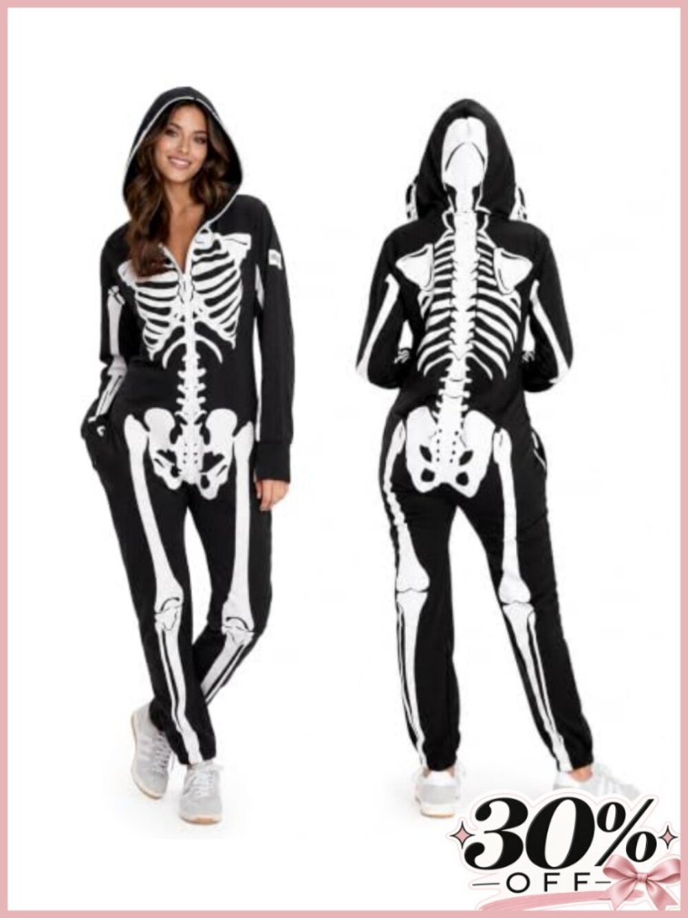 Skeleton Jumpsuit Halloween Costume Women One Piece Zip Pockets